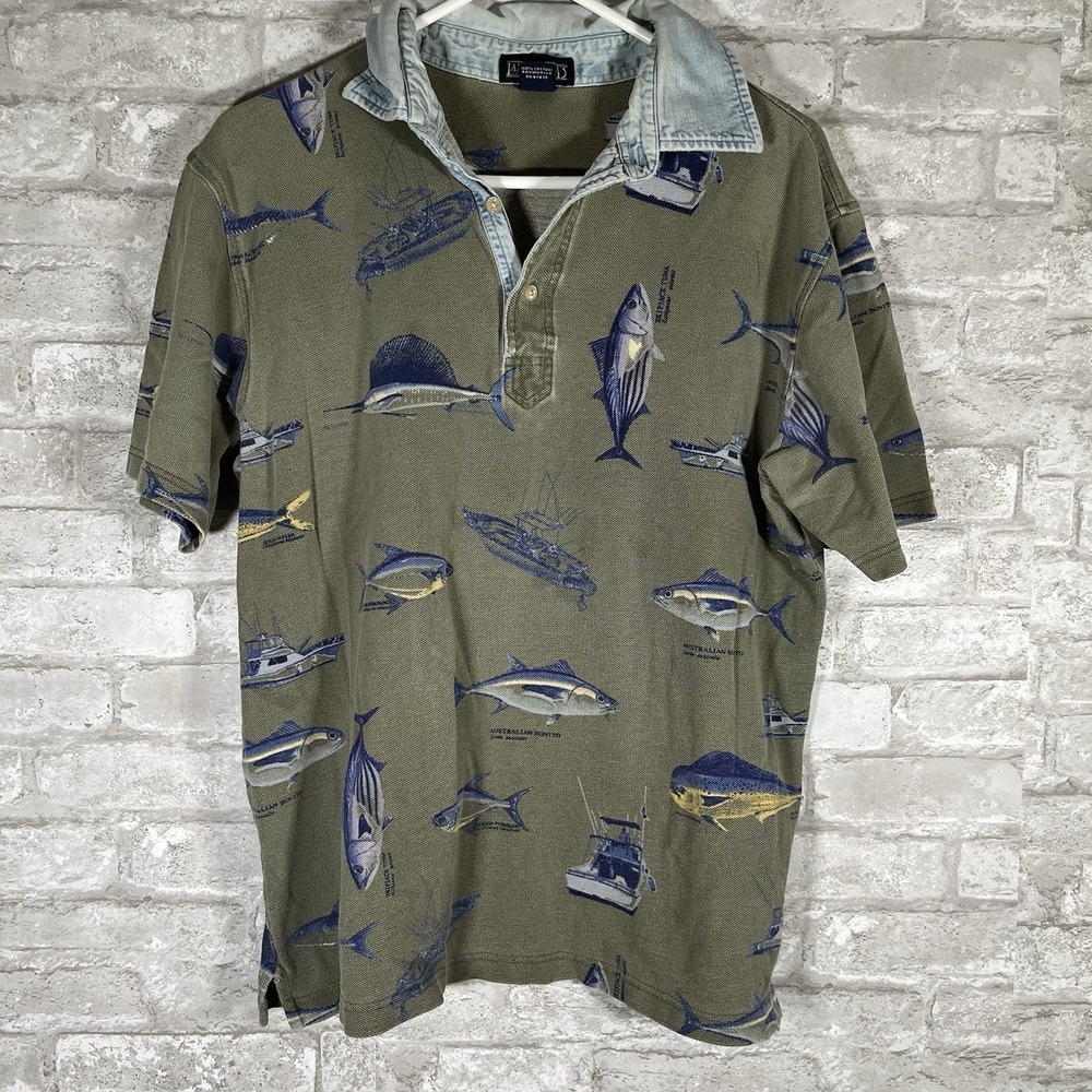 Vintage Lands' End Polo Shirt Denim Collar Nautical Fishing 90s Size Large